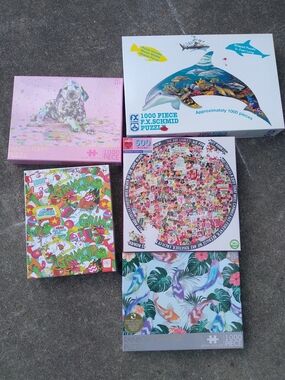Jigsaw Multi-Puzzle Pack with Blue Dolphin, Pink Puppy & Tropical Fish Artwork